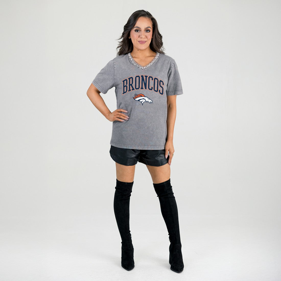 Denver Broncos Gameday Couture Women's Relaxed Iconic Edge Rhinestone V-Neck T-Shirt - Gray for sale