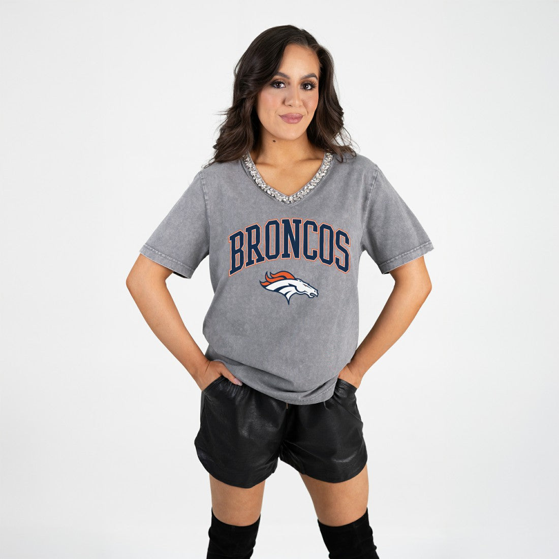 Denver Broncos Gameday Couture Women's Relaxed Iconic Edge Rhinestone V-Neck T-Shirt - Gray for sale