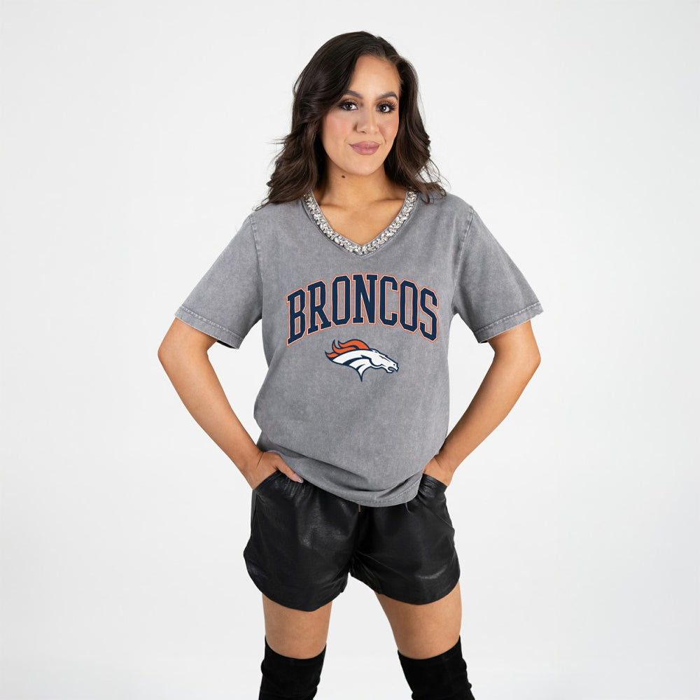 Denver Broncos Gameday Couture Women's Relaxed Iconic Edge Rhinestone V-Neck T-Shirt - Gray for sale