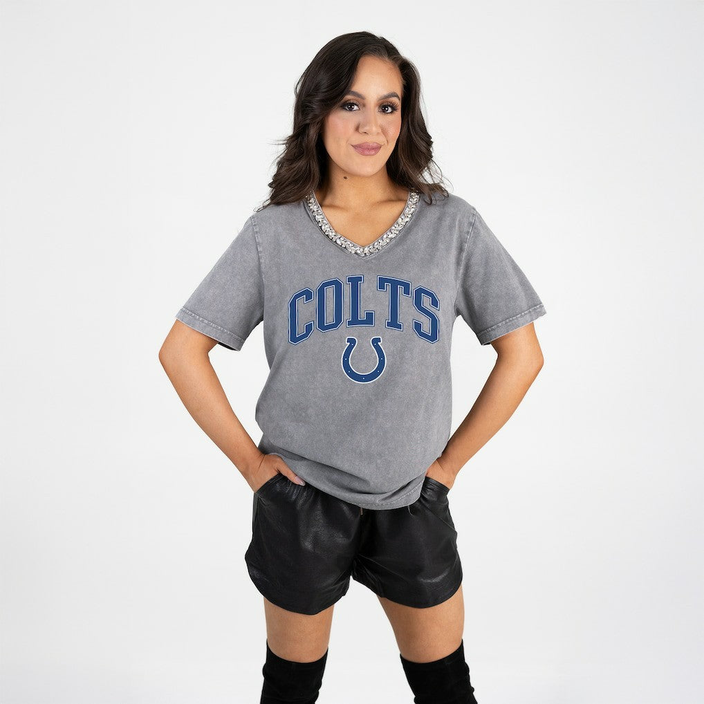 Indianapolis Colts Gameday Couture Women's Relaxed Iconic Edge Rhinestone V-Neck T-Shirt - Gray for sale
