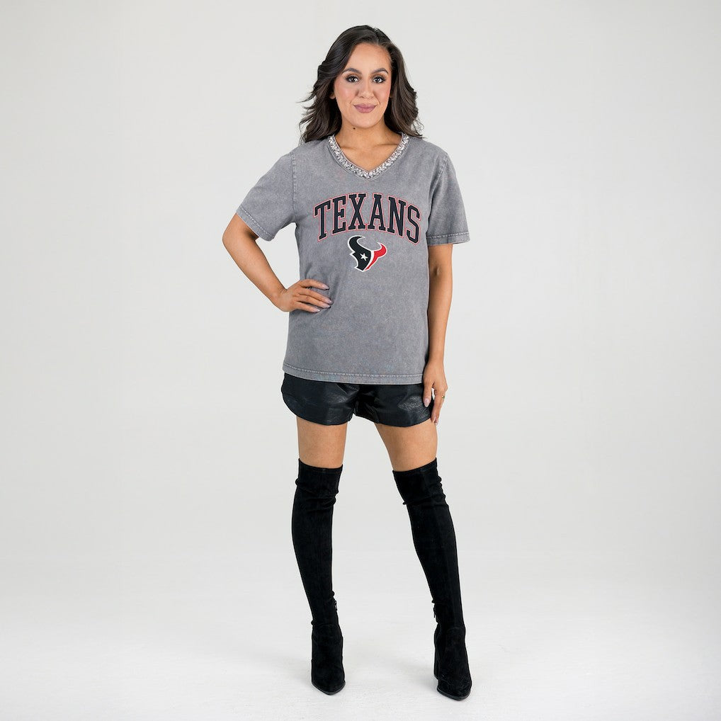 Houston Texans Gameday Couture Women's Relaxed Iconic Edge Rhinestone V-Neck T-Shirt - Gray on sale