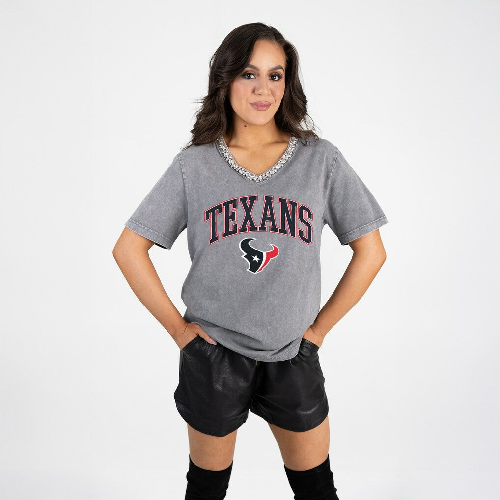 Houston Texans Gameday Couture Women's Relaxed Iconic Edge Rhinestone V-Neck T-Shirt - Gray on sale