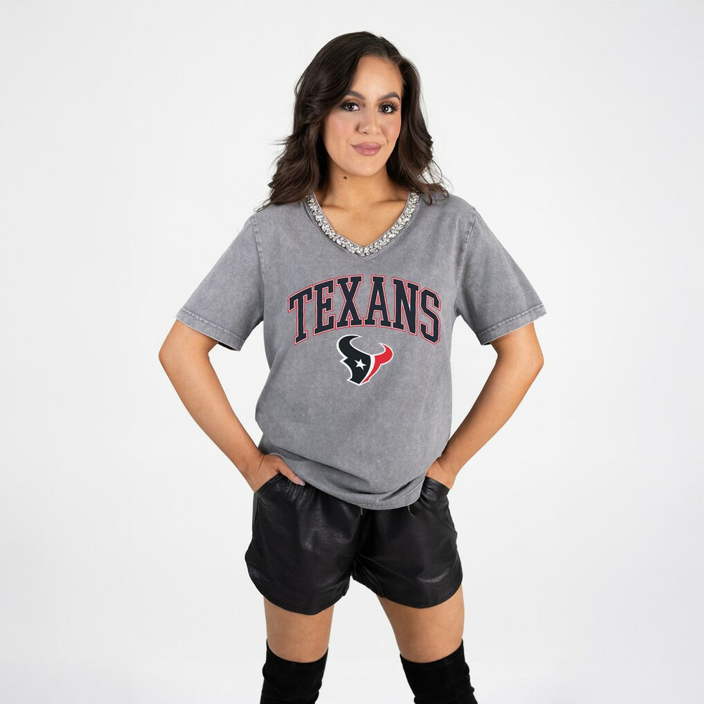 Houston Texans Gameday Couture Women's Relaxed Iconic Edge Rhinestone V-Neck T-Shirt - Gray on sale