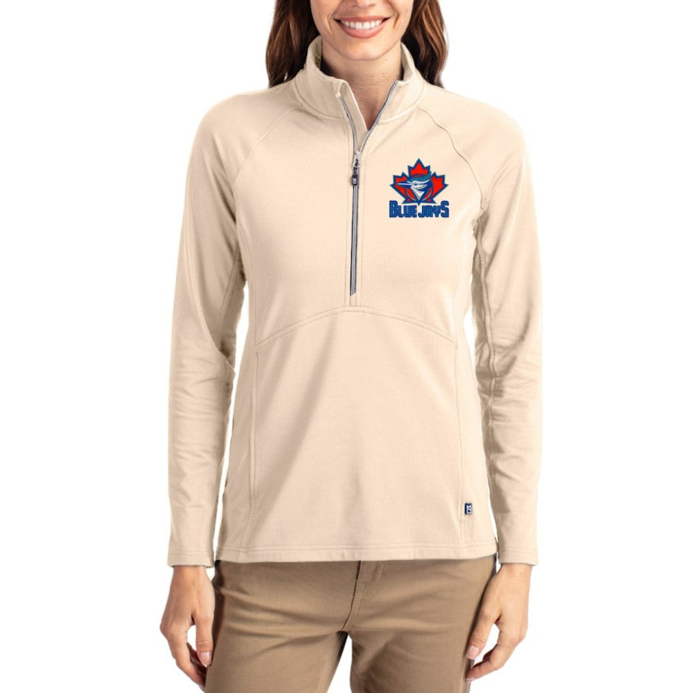 Toronto Blue Jays Cutter & Buck Women's Cooperstown Collection Adapt Eco Knit Stretch Half-Zip Pullover Tan