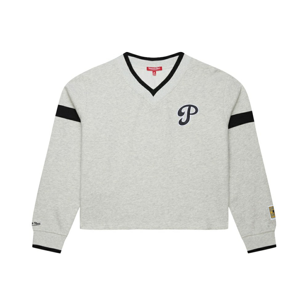 Philadelphia Phillies Women's Cooperstown Collection V-Neck Cropped Toggle Sweatshirt Heather Gray