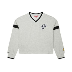 Philadelphia Phillies Women's Cooperstown Collection V-Neck Cropped Toggle Sweatshirt Heather Gray