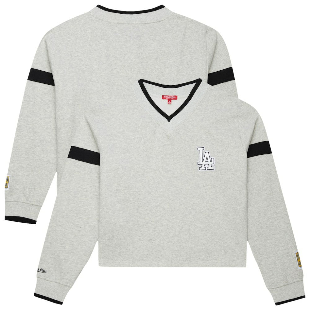 Los Angeles Dodgers Women's Cooperstown Collection V-Neck Cropped Toggle Sweatshirt Heather Gray