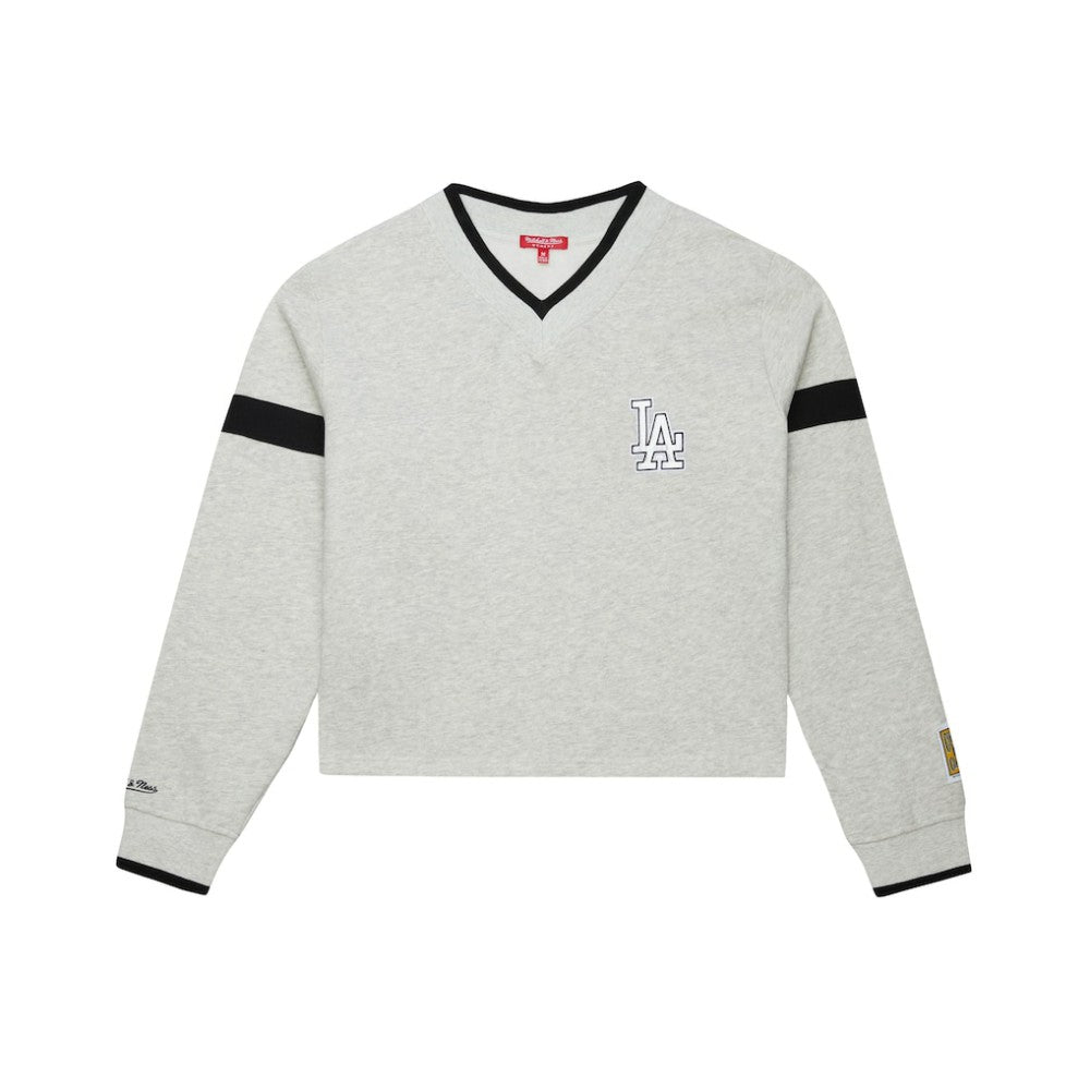 Los Angeles Dodgers Women's Cooperstown Collection V-Neck Cropped Toggle Sweatshirt Heather Gray