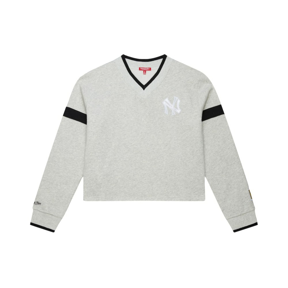 New York Yankees Women's Cooperstown Collection V-Neck Cropped Toggle Sweatshirt Heather Gray