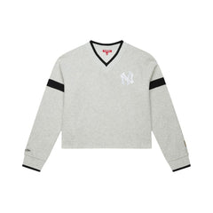 New York Yankees Women's Cooperstown Collection V-Neck Cropped Toggle Sweatshirt Heather Gray