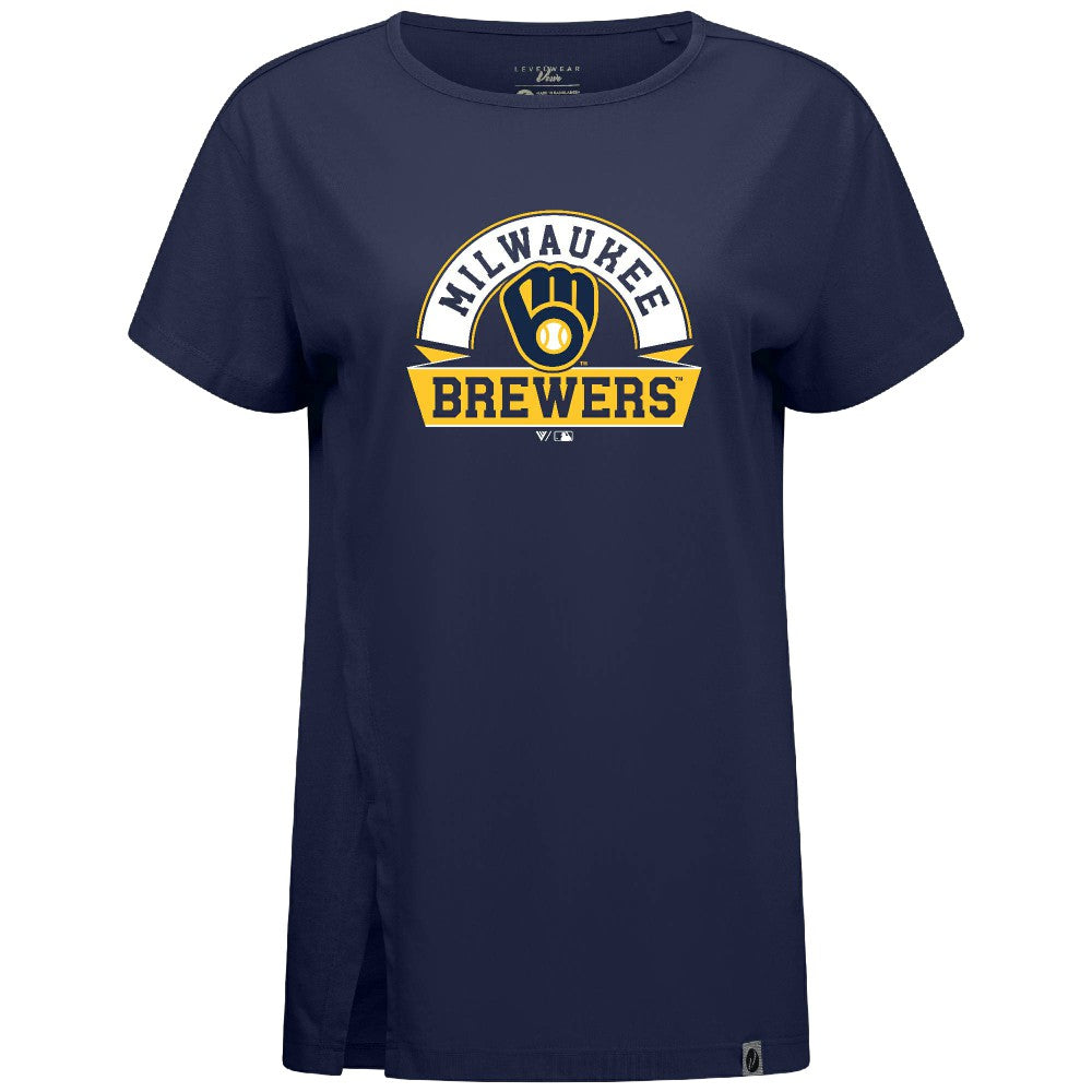 Milwaukee Brewers Levelwear Women's Influx Banner Arch T-Shirt Navy