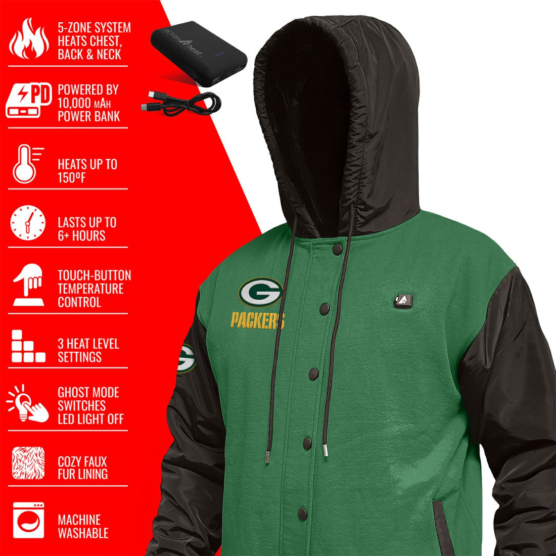 Green Bay Packers ActionHeat 5V Battery Heated Full-Snap Varsity Jacket - Green/Black outlet