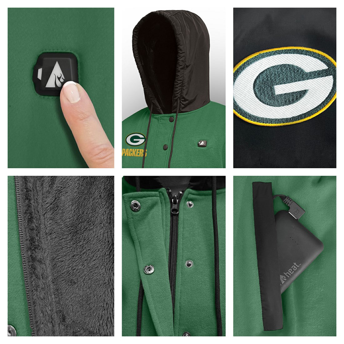 Green Bay Packers ActionHeat 5V Battery Heated Full-Snap Varsity Jacket - Green/Black outlet
