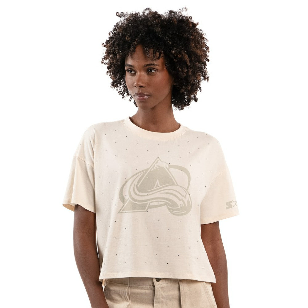 Colorado Avalanche Starter Women's Rhinestone Sprinkle Boxy Cropped T-Shirt - Cream T-shirts