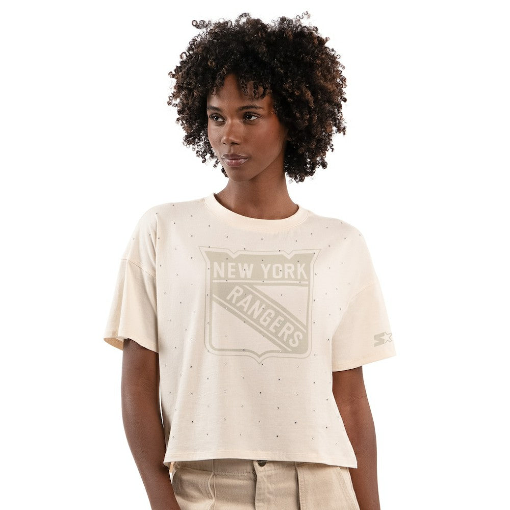 New York Rangers Starter Women's Rhinestone Sprinkle Boxy Cropped T-Shirt - Cream T-shirts