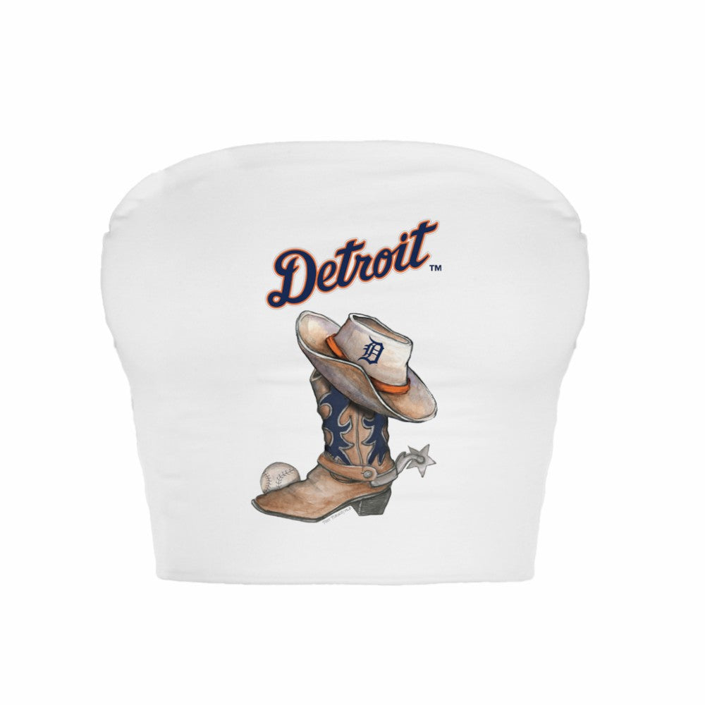 Detroit Tigers Tiny Turnip Women's Cowboy Boot Crop Tube Top White