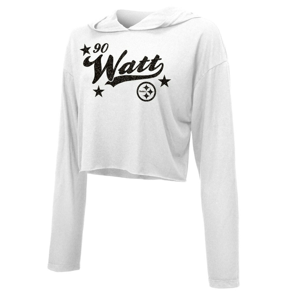 T.J. Watt Pittsburgh Steelers Majestic Threads Women's Glitter Wordmark Hoodie - White cheap