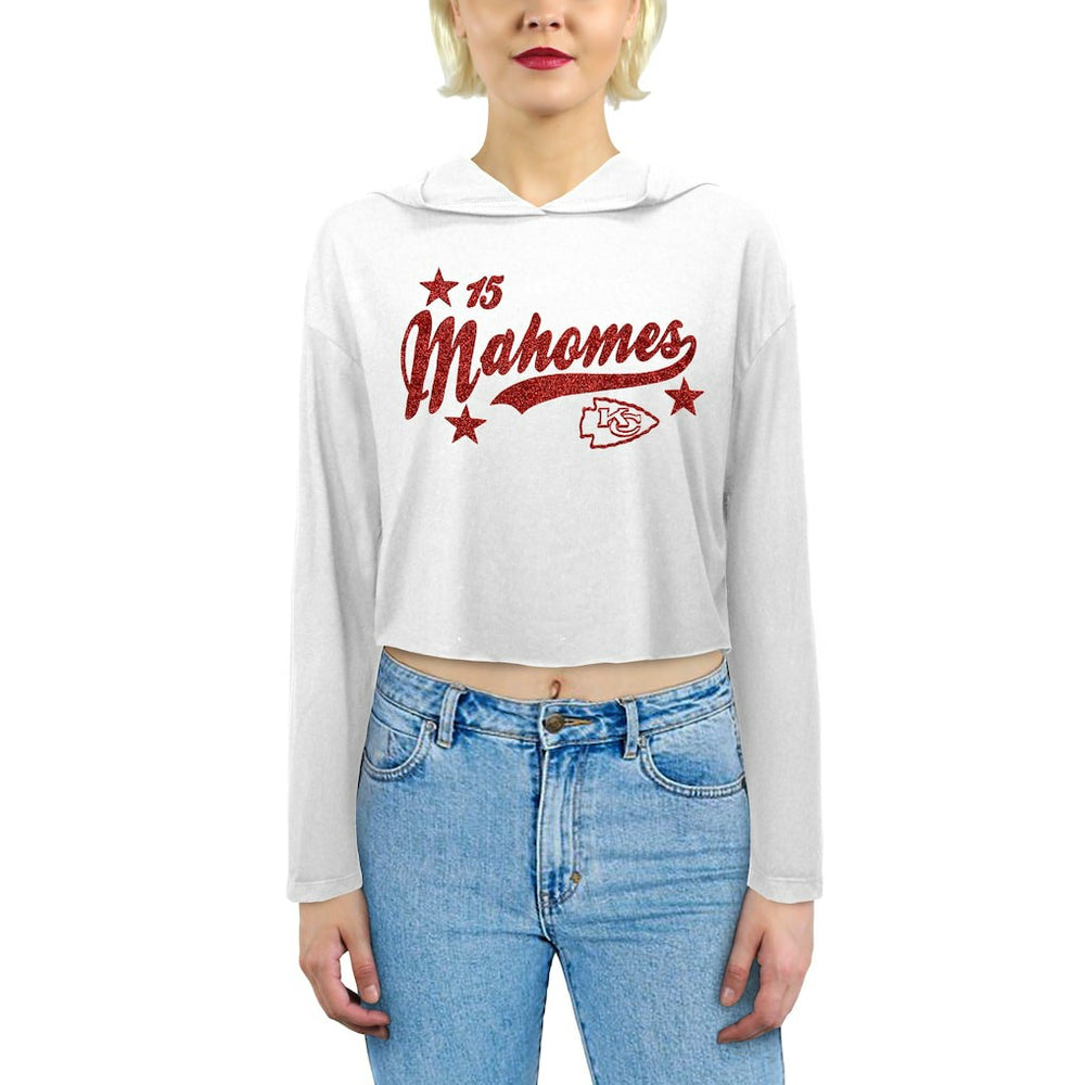 Patrick Mahomes Kansas City Chiefs Majestic Threads Women's Glitter Wordmark Hoodie - White on sale