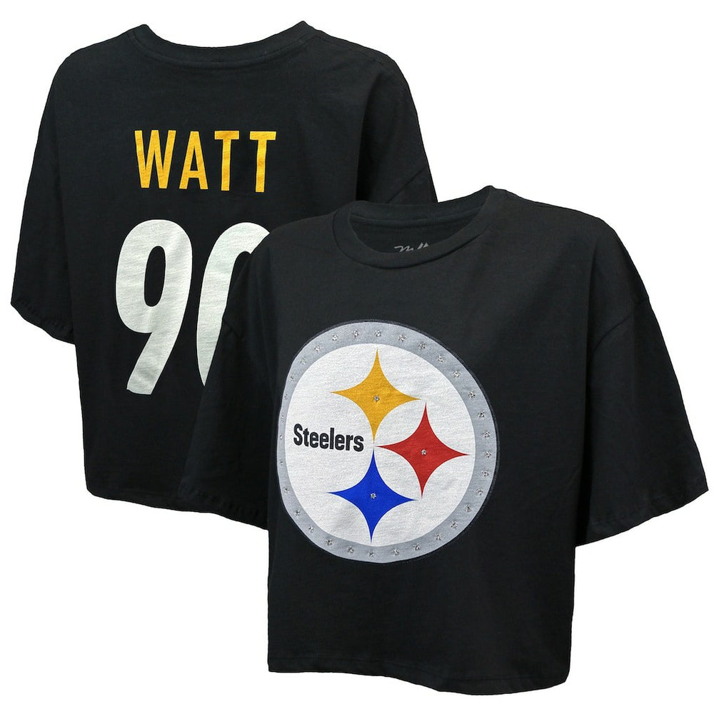 T.J. Watt Pittsburgh Steelers Majestic Threads Women's Swarovski Crystals Boxy Cropped Name & Number T-Shirt - Black for sale