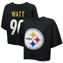 T.J. Watt Pittsburgh Steelers Majestic Threads Women's Swarovski Crystals Boxy Cropped Name & Number T-Shirt - Black for sale