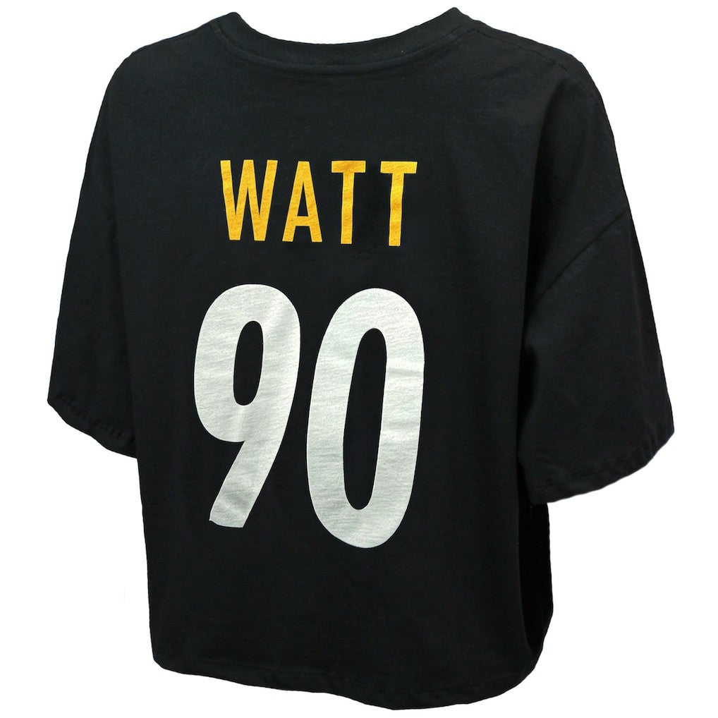 T.J. Watt Pittsburgh Steelers Majestic Threads Women's Swarovski Crystals Boxy Cropped Name & Number T-Shirt - Black for sale