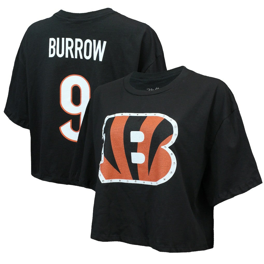 Joe Burrow Cincinnati Bengals Majestic Threads Women's Swarovski Crystals Boxy Cropped Name & Number T-Shirt - Black outlet