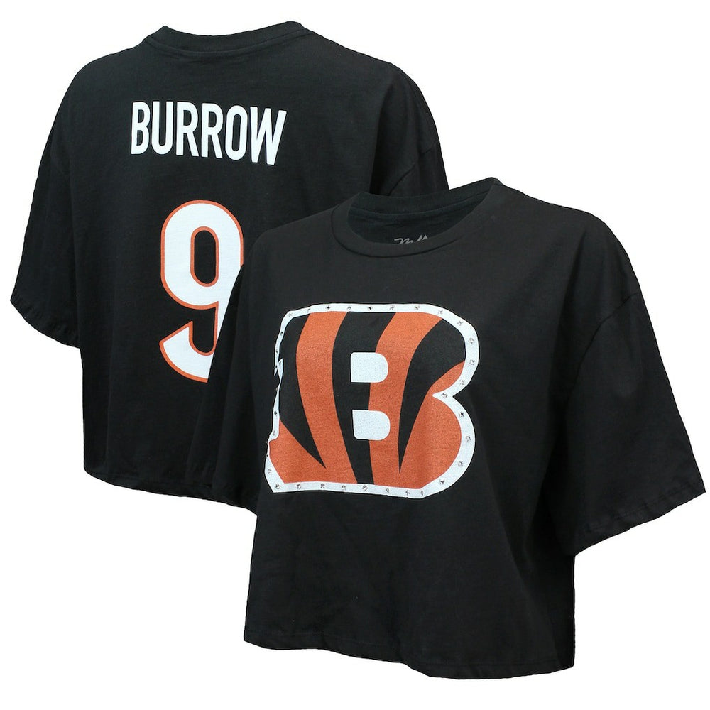 Joe Burrow Cincinnati Bengals Majestic Threads Women's Swarovski Crystals Boxy Cropped Name & Number T-Shirt - Black outlet