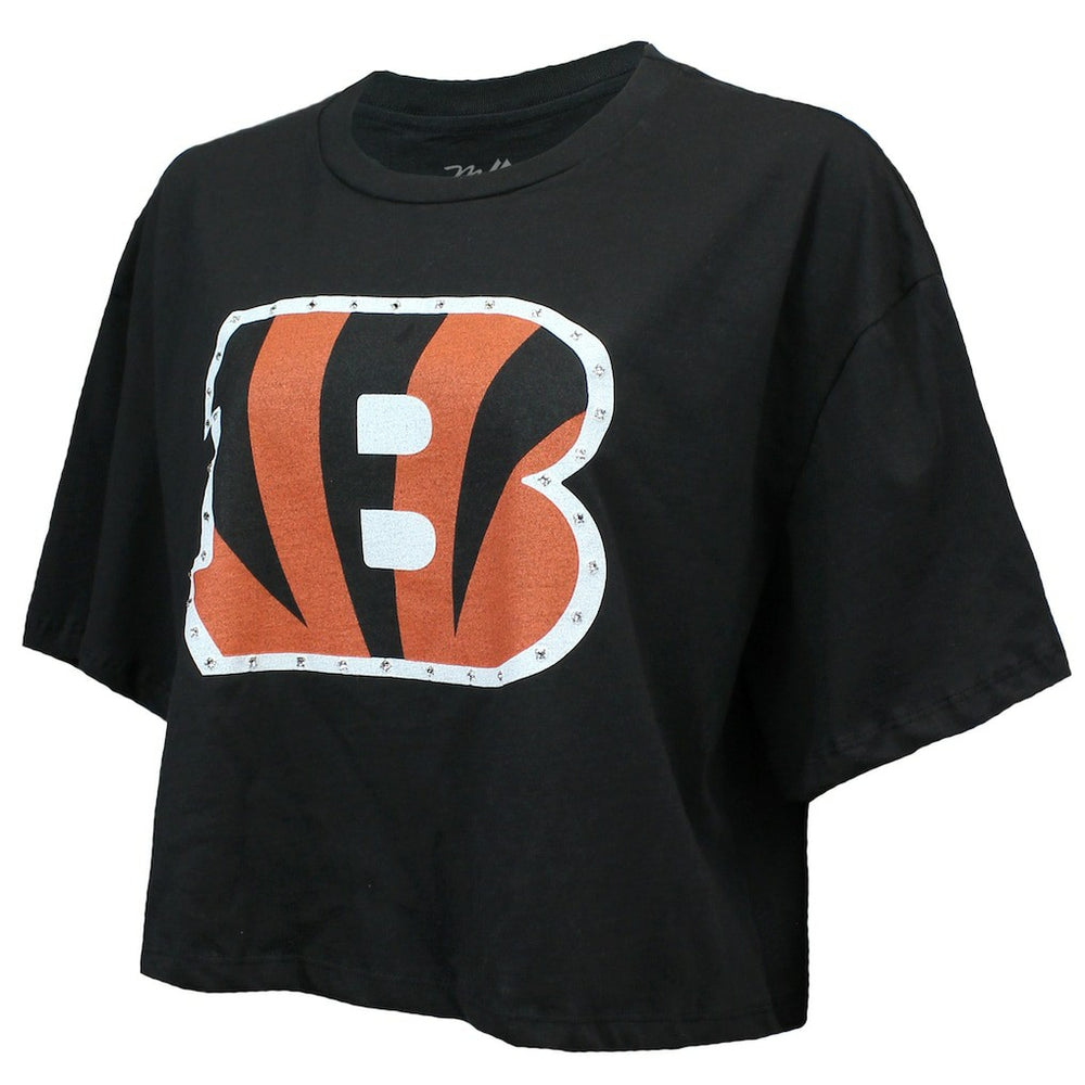 Joe Burrow Cincinnati Bengals Majestic Threads Women's Swarovski Crystals Boxy Cropped Name & Number T-Shirt - Black outlet
