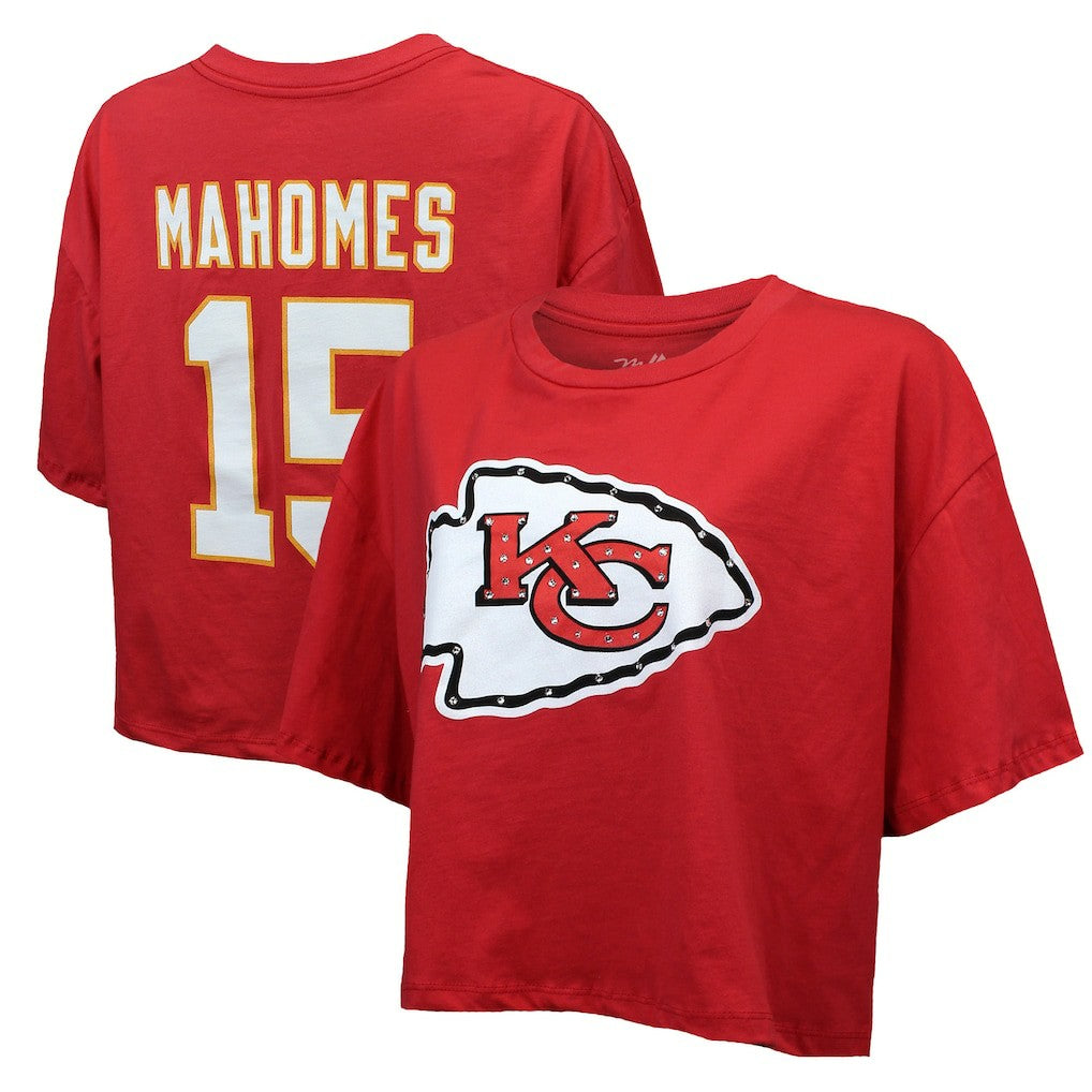 Patrick Mahomes Kansas City Chiefs Majestic Threads Women's Swarovski Crystals Boxy Cropped Name & Number T-Shirt - Red online