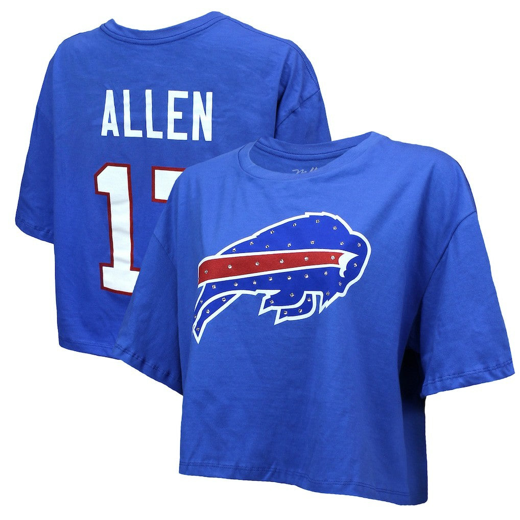Josh Allen Buffalo Bills Majestic Threads Women's Swarovski Crystals Boxy Cropped Name & Number T-Shirt - Royal outlet