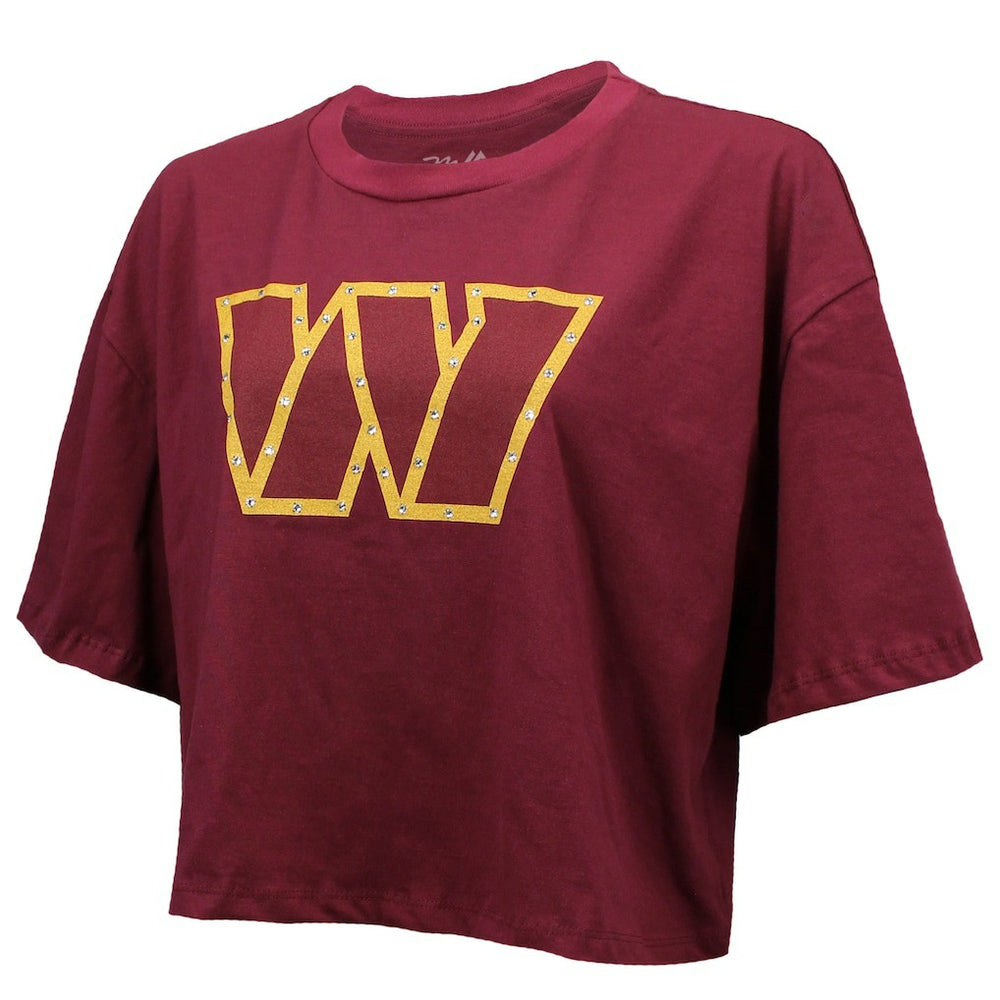 Jayden Daniels Washington Commanders Majestic Threads Women's Swarovski Crystals Boxy Cropped Name & Number T-Shirt - Burgundy for sale