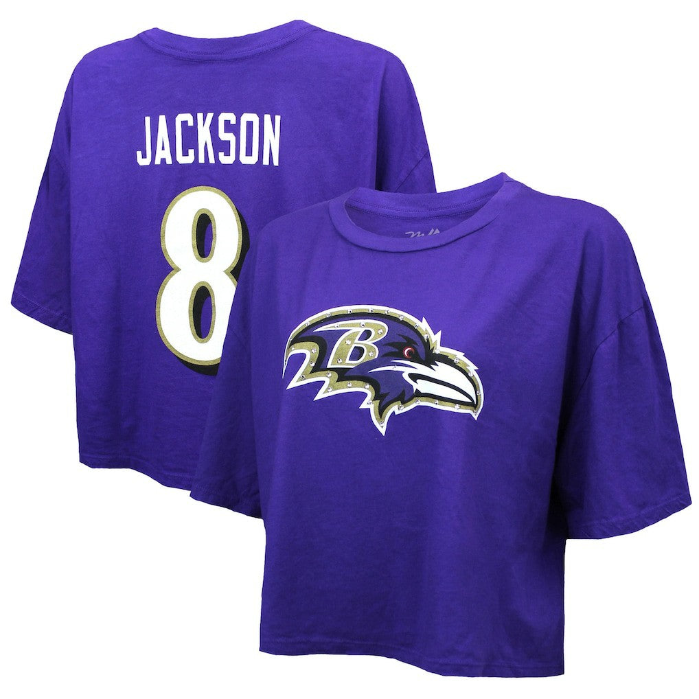 Lamar Jackson Baltimore Ravens Majestic Threads Women's Swarovski Crystals Boxy Cropped Name & Number T-Shirt - Purple for sale