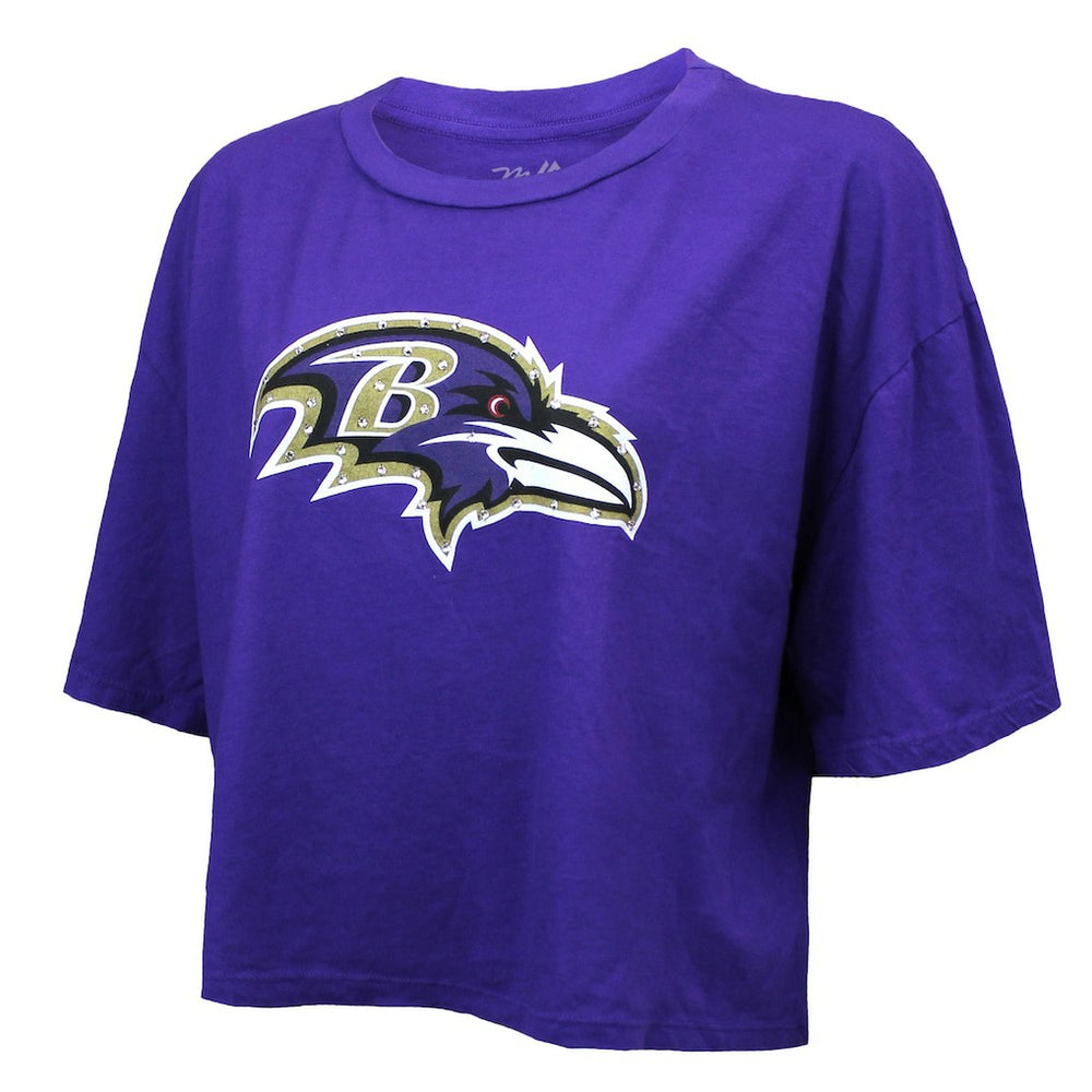 Lamar Jackson Baltimore Ravens Majestic Threads Women's Swarovski Crystals Boxy Cropped Name & Number T-Shirt - Purple for sale
