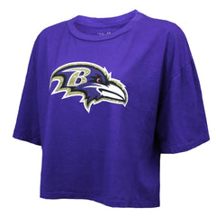 Lamar Jackson Baltimore Ravens Majestic Threads Women's Swarovski Crystals Boxy Cropped Name & Number T-Shirt - Purple for sale