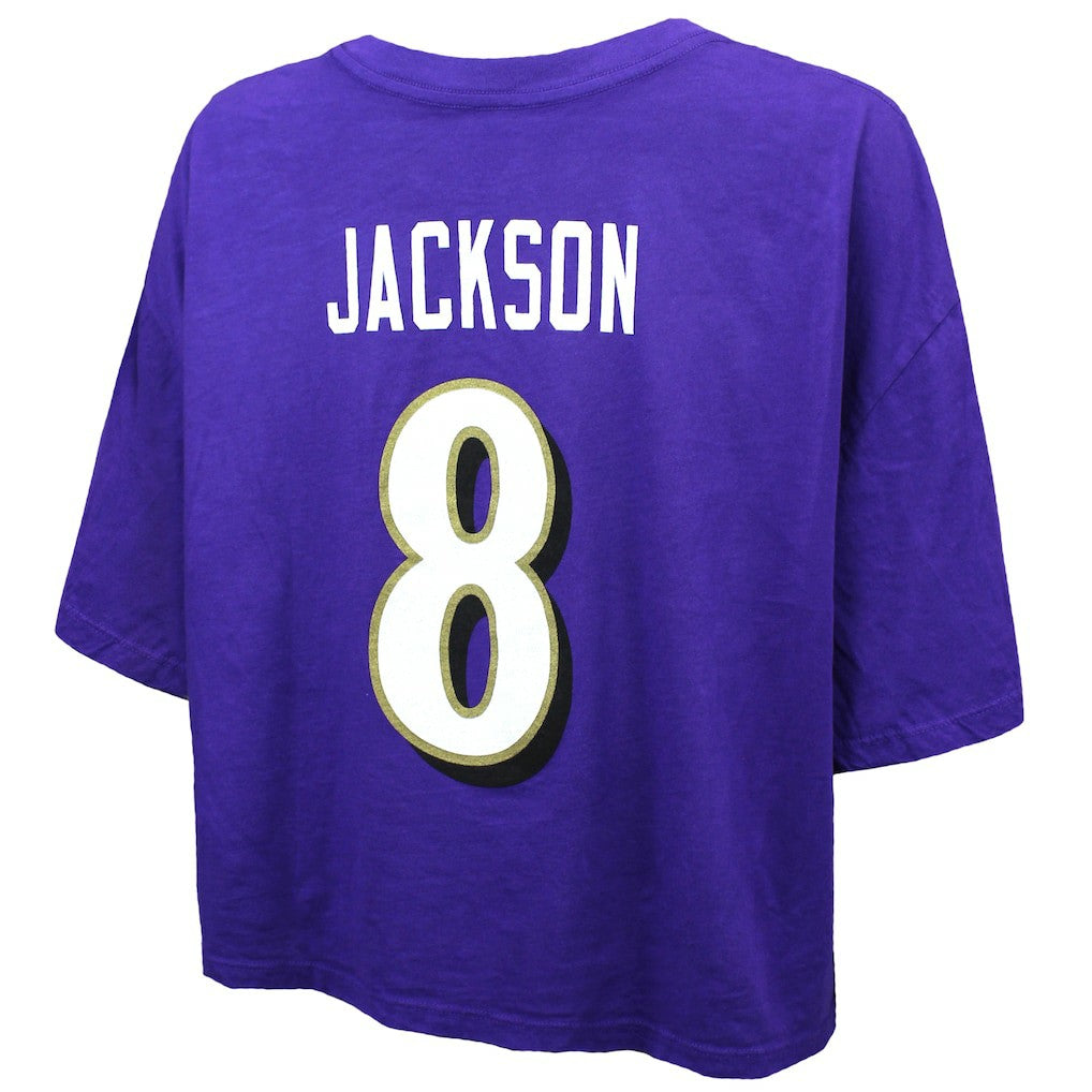 Lamar Jackson Baltimore Ravens Majestic Threads Women's Swarovski Crystals Boxy Cropped Name & Number T-Shirt - Purple for sale