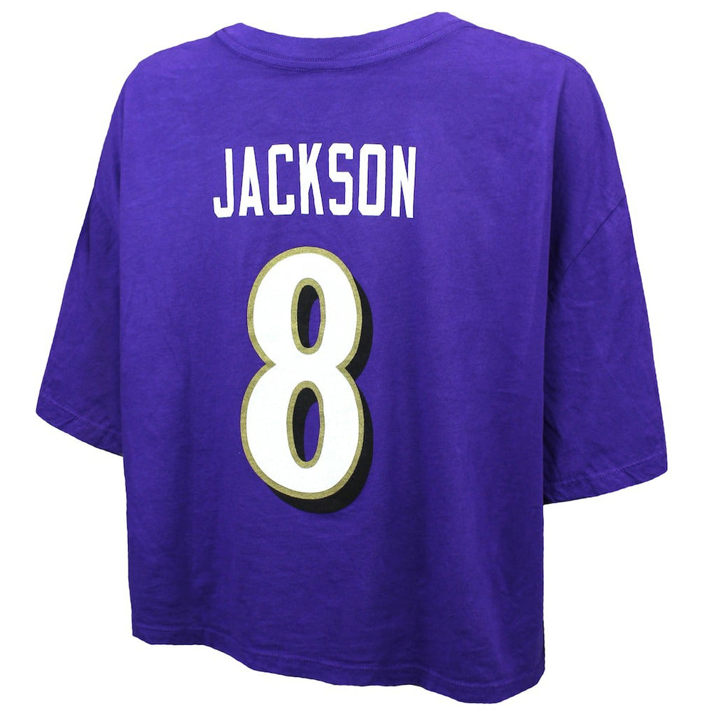 Lamar Jackson Baltimore Ravens Majestic Threads Women's Swarovski Crystals Boxy Cropped Name & Number T-Shirt - Purple for sale