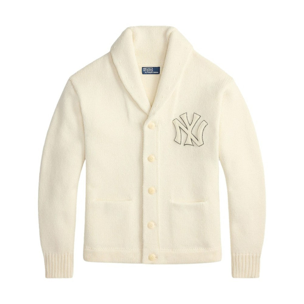 New York Yankees Polo Ralph Lauren Wool Shawl Button-Up Cardigan Cream