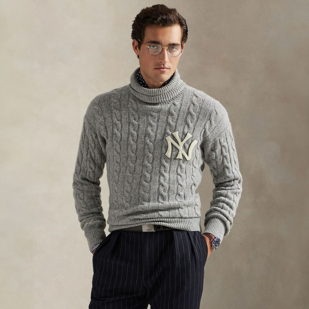 New York Yankees Polo Ralph Lauren Wool Turtleneck Sweater Heather Gray