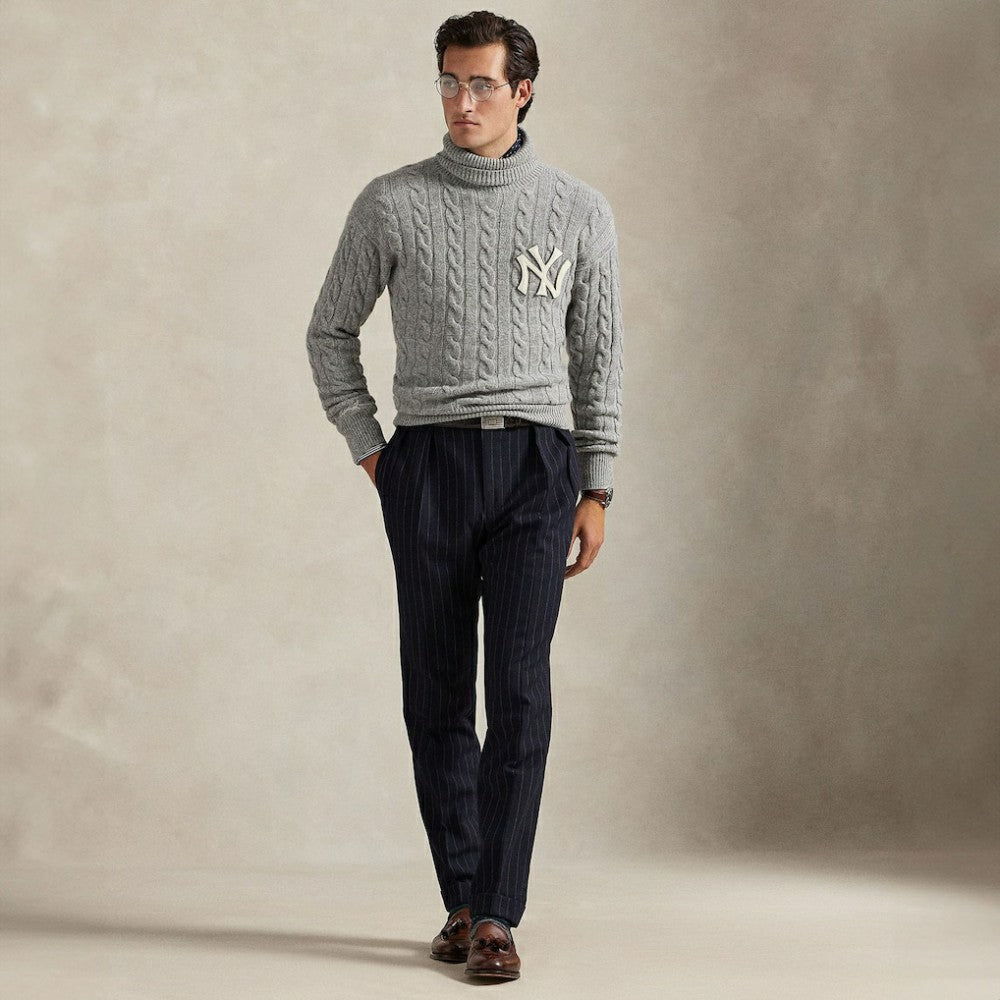 New York Yankees Polo Ralph Lauren Wool Turtleneck Sweater Heather Gray