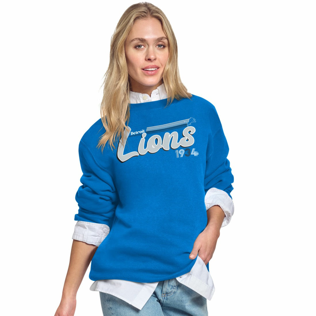 Detroit Lions Starter Women's Groovy Script Fleece Crewneck Sweatshirt - Blue online