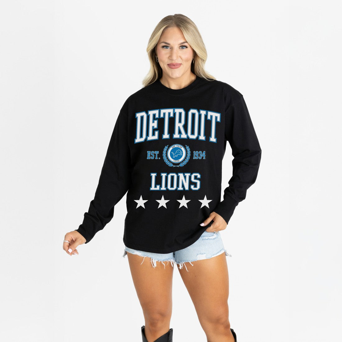 Detroit Lions Gameday Couture Women's Oversized Everyday Star Long Sleeve T-Shirt - Black online