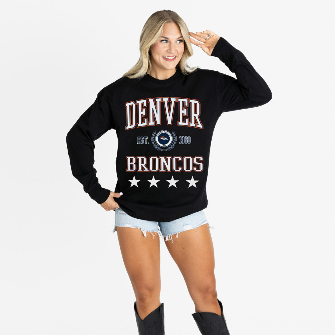Denver Broncos Gameday Couture Women's Oversized Everyday Star Long Sleeve T-Shirt - Black discount