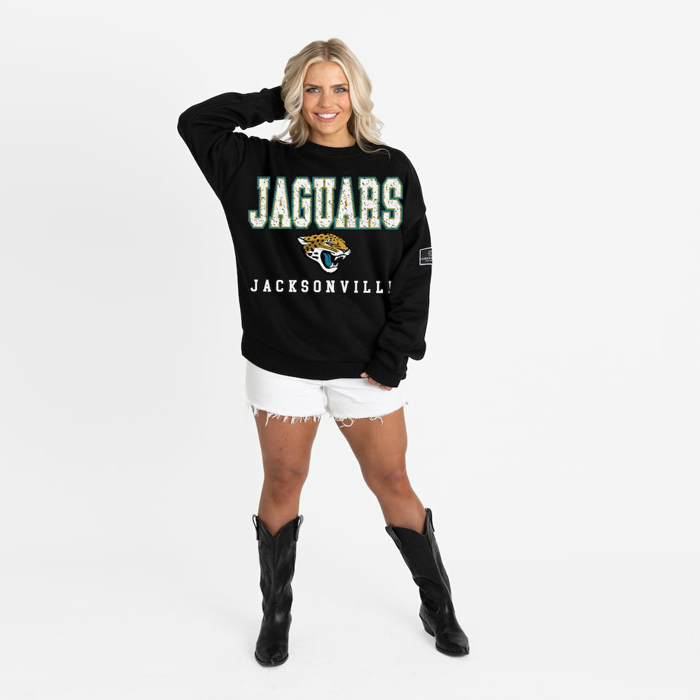 Jacksonville Jaguars Gameday Couture Women's Oversized Level Up Black Label Premium Fleece Sweatshirt - Black cheap