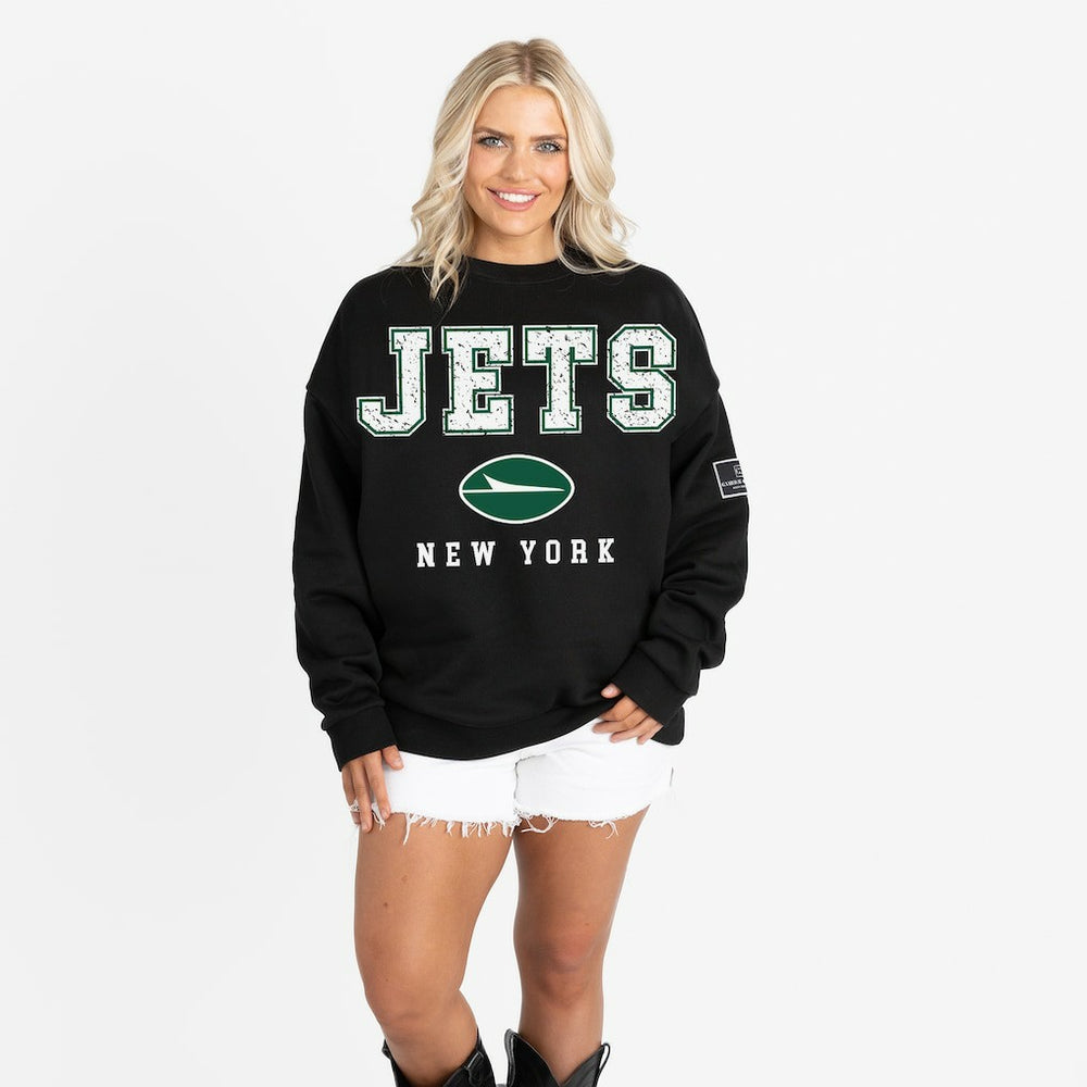 New York Jets Gameday Couture Women's Oversized Level Up Black Label Premium Fleece Sweatshirt - Black for sale