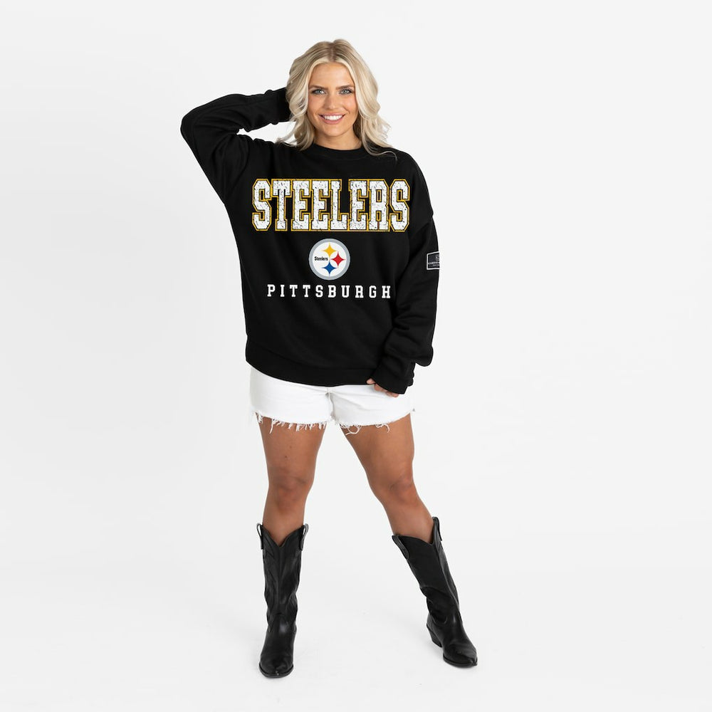 Pittsburgh Steelers Gameday Couture Women's Oversized Level Up Black Label Premium Fleece Sweatshirt - Black discount