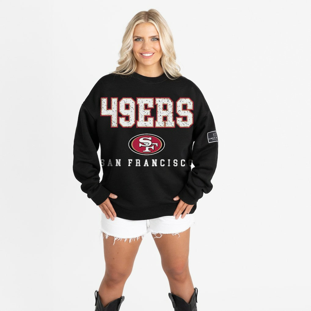 San Francisco 49ers Gameday Couture Women's Oversized Level Up Black Label Premium Fleece Sweatshirt - Black for sale
