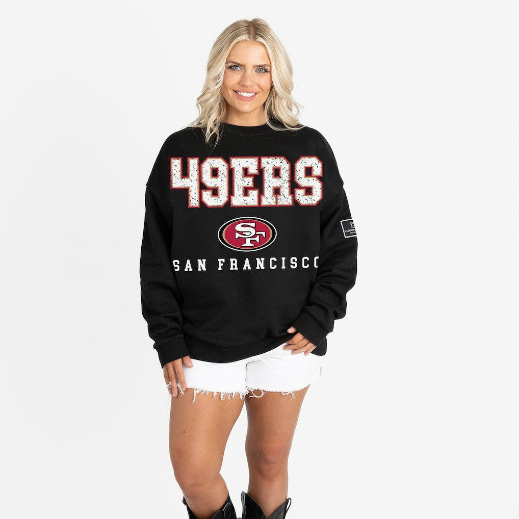 San Francisco 49ers Gameday Couture Women's Oversized Level Up Black Label Premium Fleece Sweatshirt - Black for sale