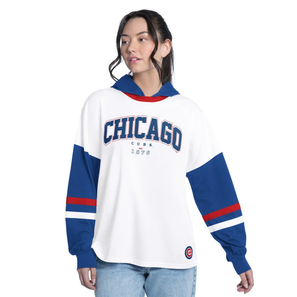 Chicago Cubs G-III 4Her by Carl Banks Women's Key Player Oversized Hooded Long Sleeve T-Shirt White/Royal