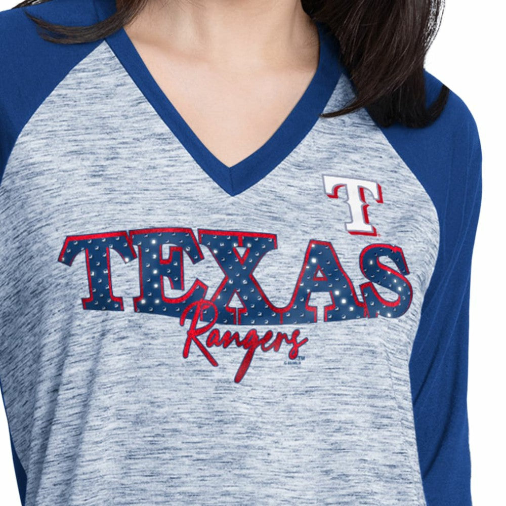 Texas Rangers G-III 4Her by Carl Banks Women's Speed Training 3/4-Sleeve Rhinestone V-Neck T-Shirt Royal/Heather Royal