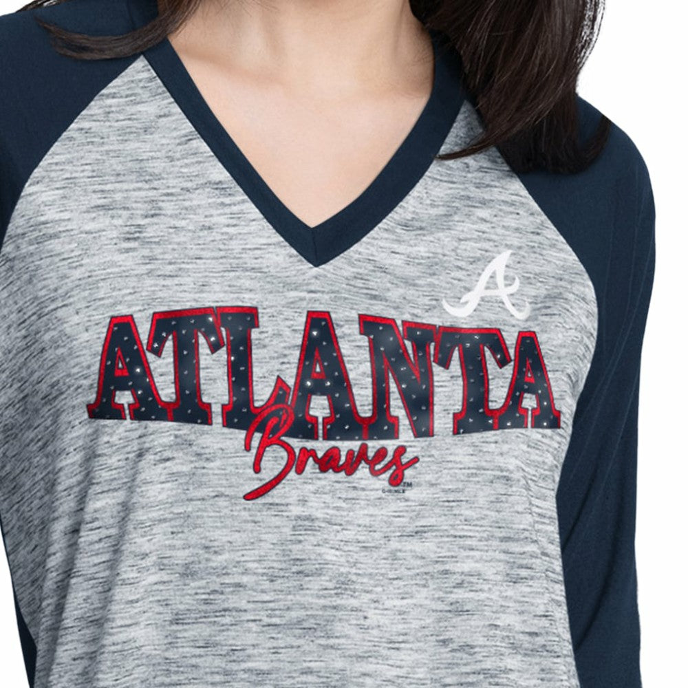 Atlanta Braves G-III 4Her by Carl Banks Women's Speed Training 3/4-Sleeve Rhinestone V-Neck T-Shirt Navy/Heather Navy